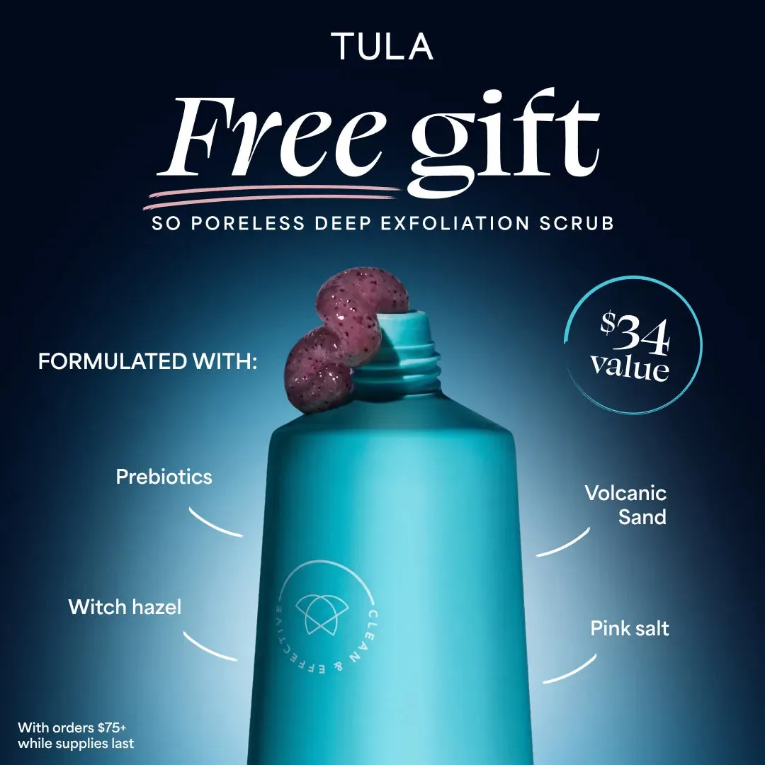 Free So Poreless deep exfoliation scrub, $34 value, formulated with prebiotics, volcanic sand, witch hazel and pink salt