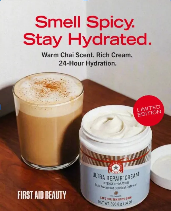 Chai latte beside open Chai Cinnamon Ultra Repair Cream. Smell Spicy. Stay Hydrated.