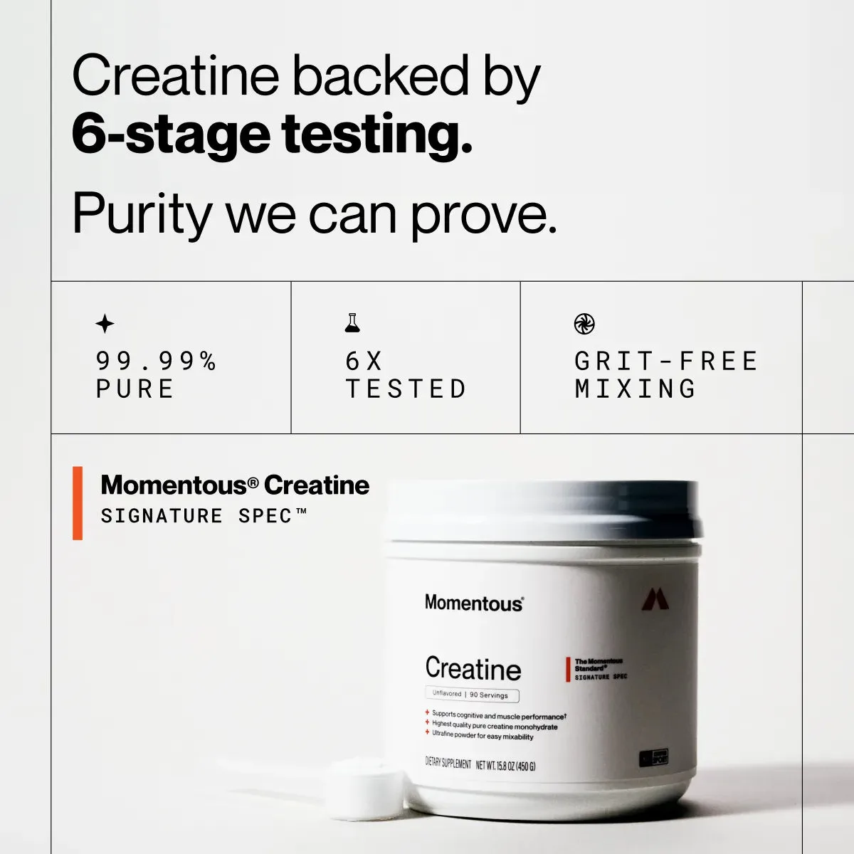 Momentous Creatine: six-stage testing, 99.9% pure and grit-free mixing