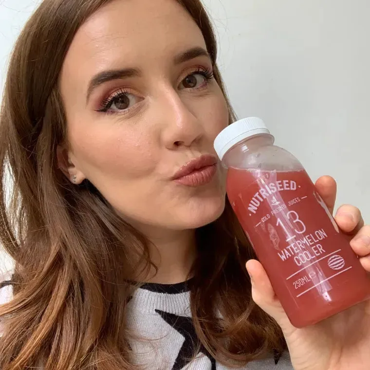 Lucie Coates holding a Nutriseed watermelon juice