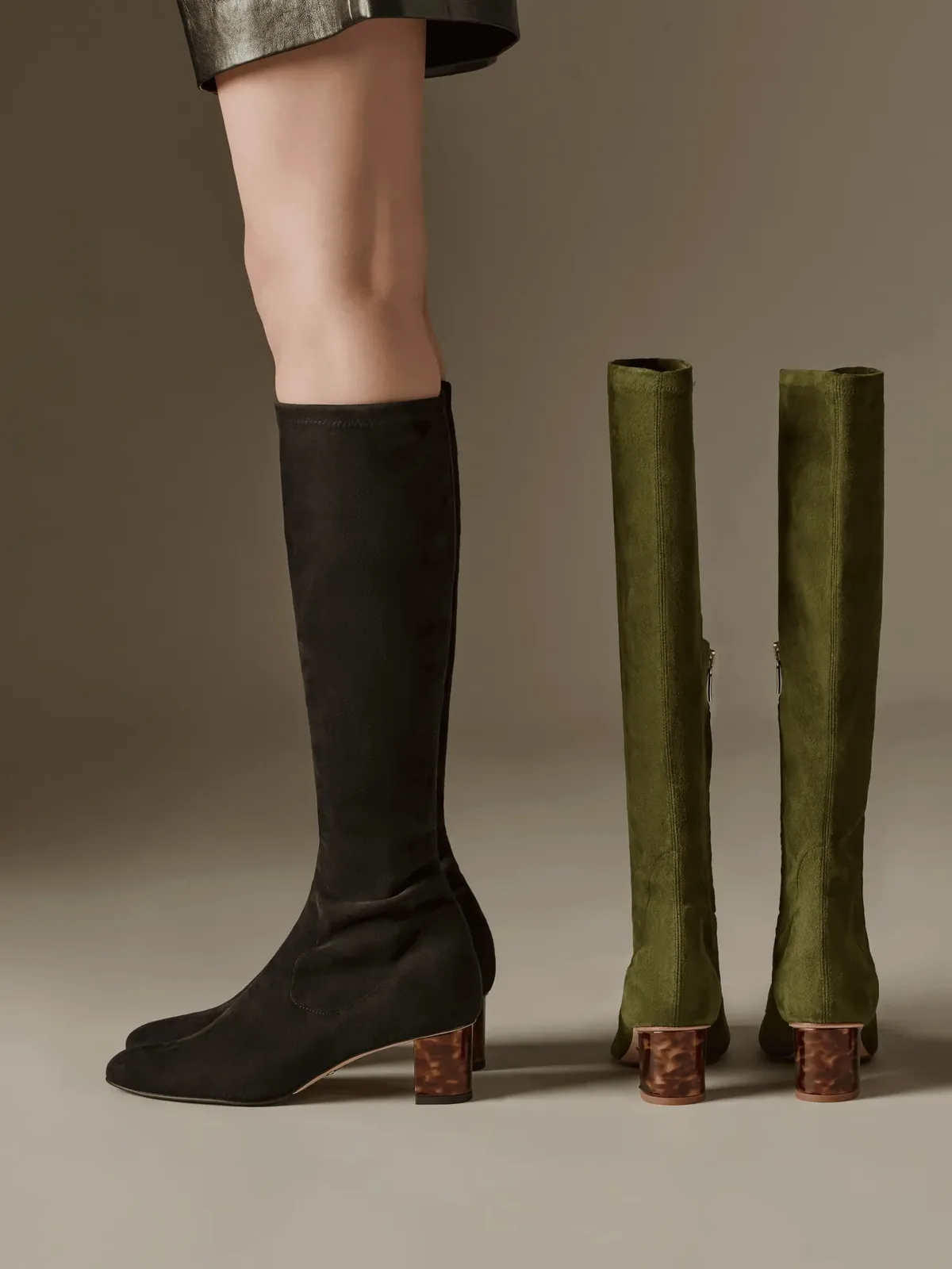 Alexandra 50 black stretch suede boots styled on model